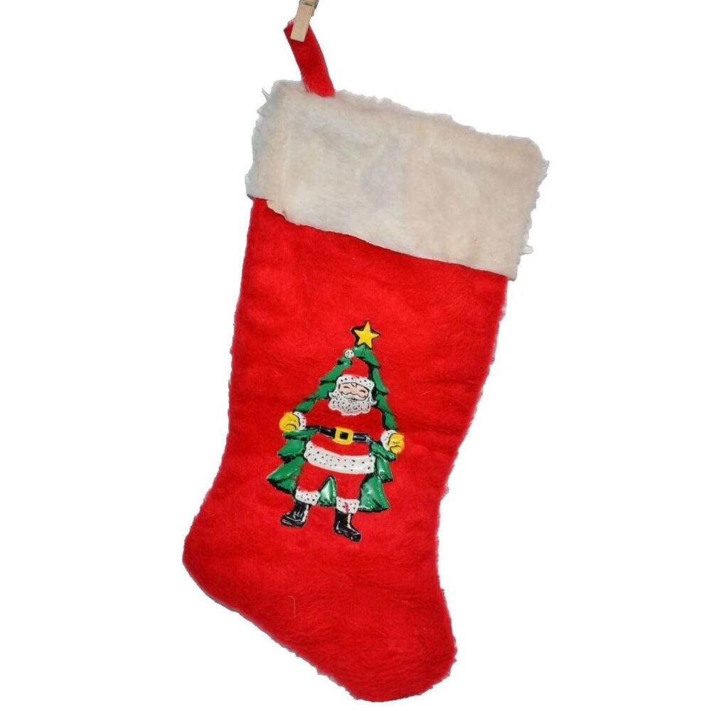 Vtg Christmas Stocking Santa & Tree Cloth &‎ Puffy Plastic Vinyl 2D MCM Rare